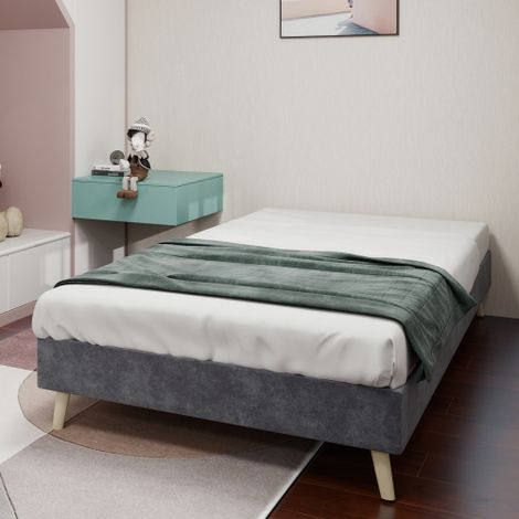 Lit enfant 90x200 cm – Cadre de lit avec sommier à lattes bas – En velours gris – Sans tête de lit, sans matelas (1/5)