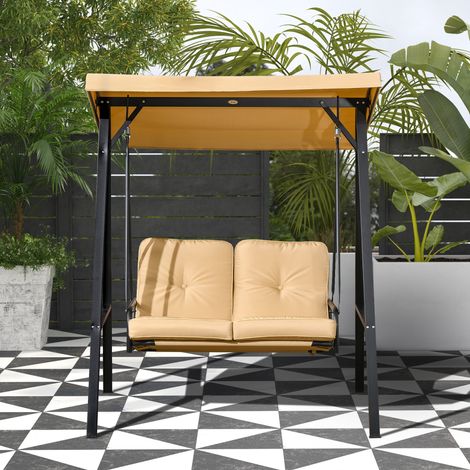 Hollywoodschaukel, 2-Sitzer Gartenschaukel mit verstellbarem Dach, bis 220 kg belastbar, 138 x 106 x 174 cm, Beige