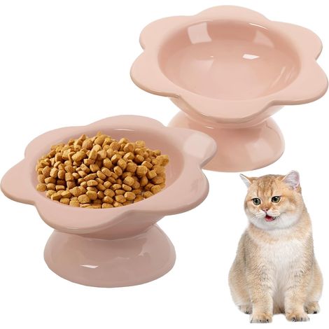 Gamelle surélevée en céramique pour chat, motif floral, rose (1/5)