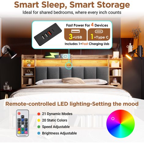 Lit double 160x200 cm chêne avec tête de lit LED rembourrée, chevets USB-C, rangements et tiroirs, sommier bois, pour chambre (1/5)