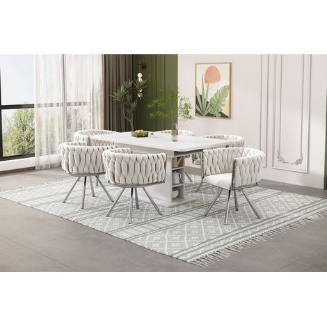 Lot de 4 chaises de salle à manger pivotantes 360°, velours beige, pieds en métal argenté, assise rembourrée, style moderne (1/5)