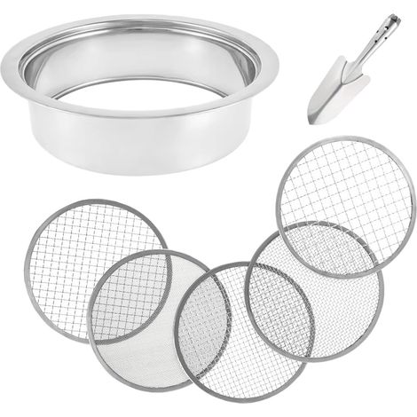 Tamis de jardin 5 en 1 en acier inoxydable - Tamis à compost rond de jardin - Avec pelle - 5 tailles - Inserts interchangeables de 1,3,5,7,9 mm de diamètre - Pour filtrer le compost, le sable, la (1/5)