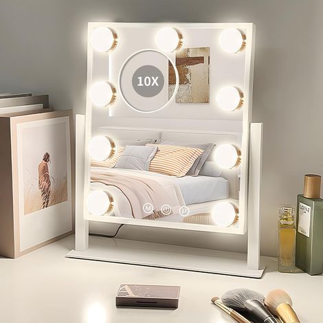 (Blanc) Miroir de Maquillage Lumineux, 36 x 31 cm Cadre métallique épuré, 3 Modes de Couleur, Gradation de luminosité, Commande Tactile, Miroir grossissant 10X détachable, Rotation 360° (1/5)