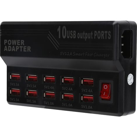 Chargeur intelligent USB 10 ports 12 A, station de charge rapide, multiprise, bloc d'alimentation, prise 100-240 V EU