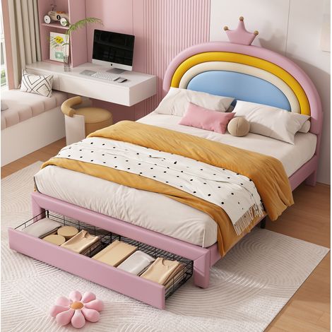 Cama infantil tapizada 140x200 cm PU rosa con cajón y cabecero ajustable, sin colchón - CHICFURN (1/5)