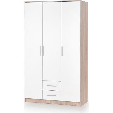 Armario Cirveso 113, Roble Sonoma + Blanco brillante, 205x120x52cm, Puertas de armario: Con bisagras, Número de estantes: 5 (1/2)