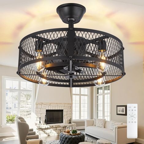 Plafonnier ventilateur cage noir 45 cm, éclairage LED, minuterie 1/2/4 h, moteur silencieux réversible, télécommandeNoirAmpoules non incluses (1/5)