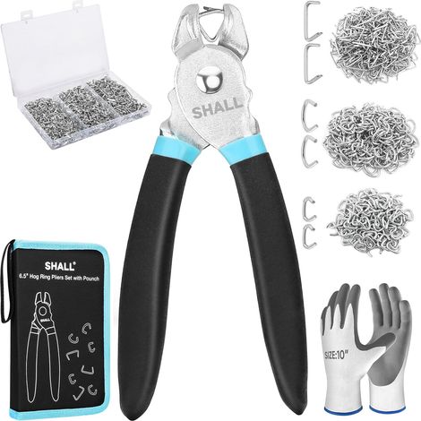 Hog Ring Pliers Kit with 600pcs Galvanized Rings (3/4", 1/2", 3/4") for Upholstery, Fence, Pet Cages, Bungees, Bags, Protective Gloves, (1/5)