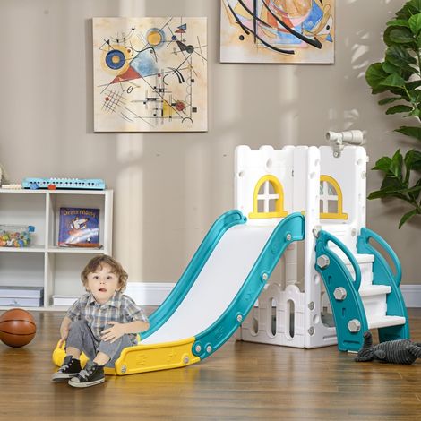 Scivolo per bambini 70x177x92 cm, 4 in 1 con canestro, telescopio e arrampicata, plastica gialla (1/5)