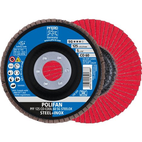 PFERD TOOLS POLIFAN Fächerscheibe PFF 125x22,23 mm flach CO-COOL 60 SG STEELOX Stahl/Edelstahl 10 Stk (1/5)