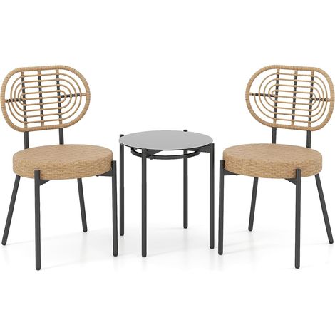 COSTWAY Set da Bistro da Esterno in 3 Pezzi con Vimini PE, Set Conversazione da Patio con Tavolino da Caffè in Vetro Temperato e Sedie in Rattan, Mobili per Esterni per Balcone, Terrazza e Giardino (1/5)