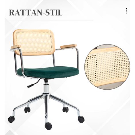Chaise de travail style bohème, accoudoirs en bois, tournante, hauteur réglable, support 120 kg, structure acier, couleur verte (1/4)
