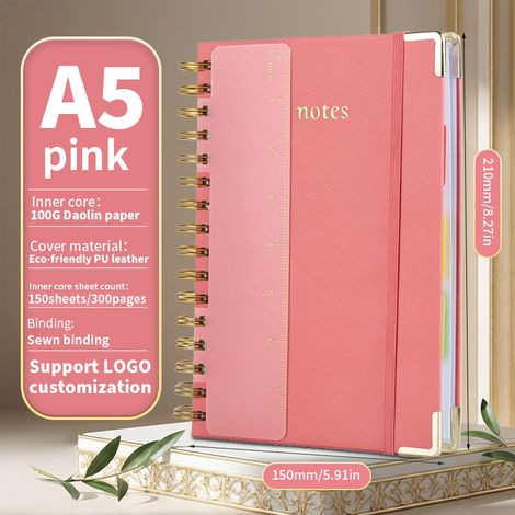 Cahier à feuilles mobiles avec attaches, livret de dépôt d'espèces, carnet de budget, avec index et règle, rose.