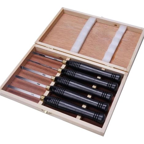 Jeu de ciseaux de tour, ensemble d'outils de tournage for le travail du bois, couteau demi-cercle en acier rapide HSS, outil de tournage du bois à main 5 pièces/ensemble (1/5)