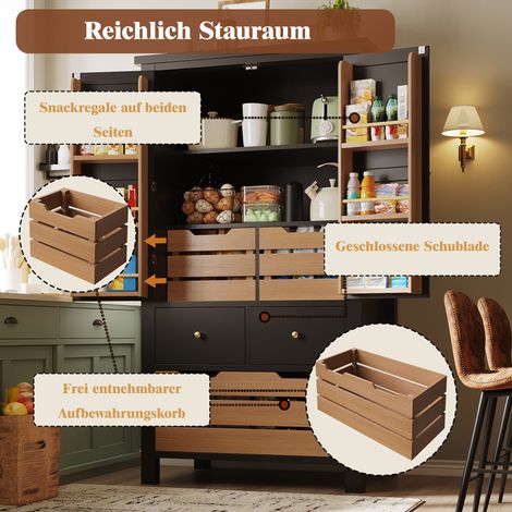 Meuble de cuisine haut 80x40x140cm, buffet polyvalent à deux portes et cinq tiroirs, armoire de rangement pour snacks, buffet noir et blanc, meuble de stockage multifonction. (1/5)