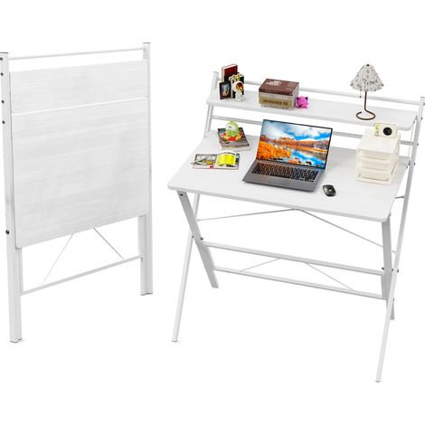 Haloyo® Table d'ordinateur pliante, Bureau d'ordinateur, Bureau avec Étagères, 80X50X107cm, blanc (1/5)