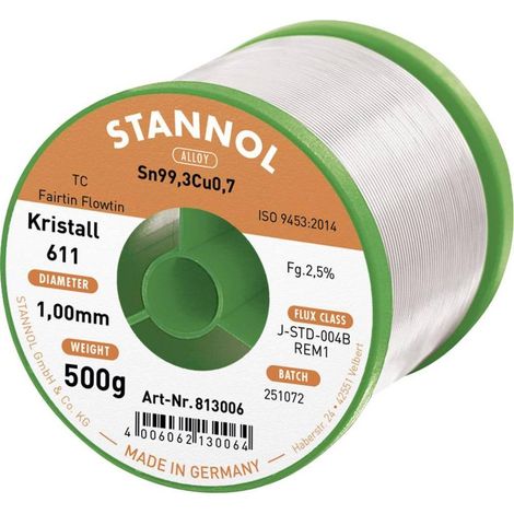 Stannol Kristall 611 estaño para soldar sin plomo plata 500g