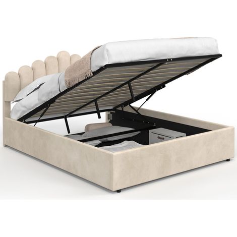 Lit coffre double NOELIE avec tête de lit et sommier 140 x 190 cm velours beige
