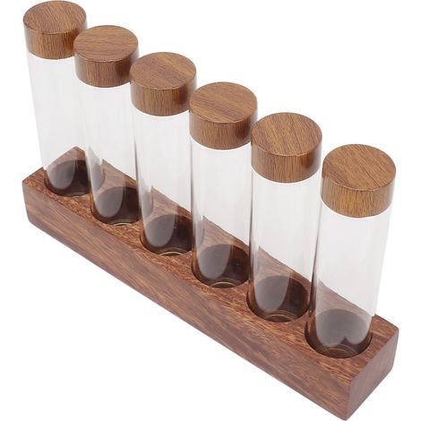Tubes de rangement pour grains de café avec support en bois de noyer, couvercle et cave en verre, récipient à grains de café à dose unique pour la cuisine, une rangée de 6 trous (1/5)