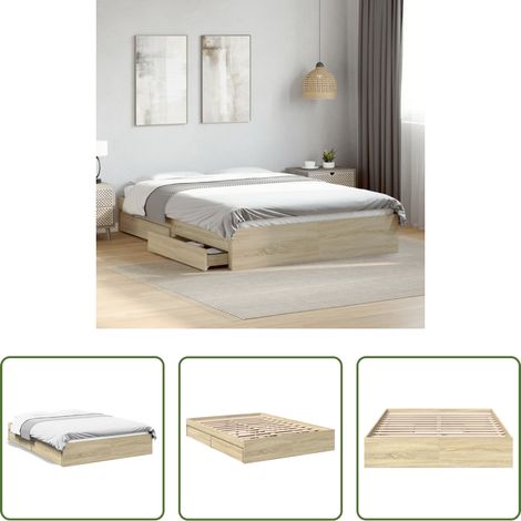 vidaXL Bois d'ingénierie - Cadre de lit avec tiroirs sans matelas chêne sonoma 135x190 cm (1/5)
