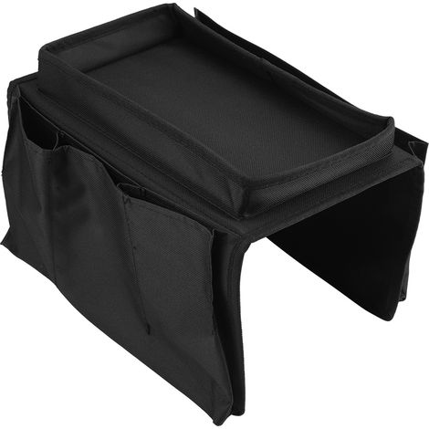 Sofa-Armlehnen-Organizer mit Hängefächern für Fernbedienung, Ablage mit Getränkehalter und Tablett (Schwarz) (1/5)