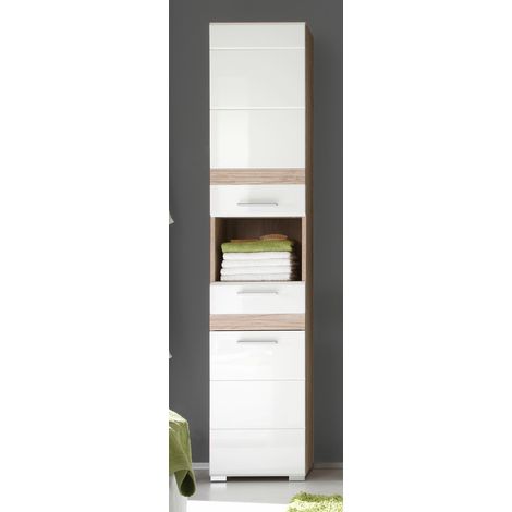 Colonne de salle de bain contemporaine chêne clair/blanc brillant Corleone (1/4)