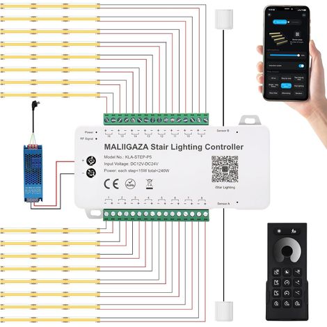 Éclairage d'escalier intelligent - 16 marches - Blanc chaud 3000 K - Détecteur de mouvement - Avec application et télécommande RF - Bande LED COB - Intérieur (1/5)