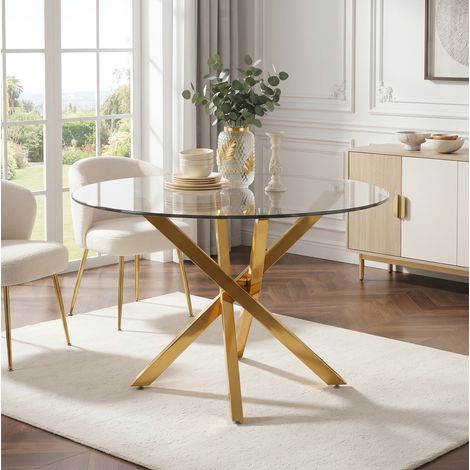 Mesa redonda 80 cm de cristal con patas doradas en cruz, moderna y compacta (1/5)