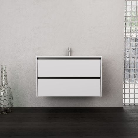 Inda - Badezimmerschrank 2 Schubladen B.100 mit mattiertem Waschbecken / Mattweiß - Smeraldo