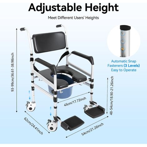 Chaise de douche avec roulettes - Chaise de douche mobile - Hauteur réglable de 48 à 54 cm - Chaise WC pliable avec accoudoirs - Repose-pieds - Freins - Ceinture de sécurité - 160 kg