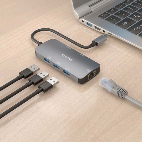 AISENS - USB-C DOCK 6 EN 1, USB-C A 1xHDMI, 1xRJ45, 3xUSB-A, 1xUSB-C PD, GRIS, 15CM (1/2)