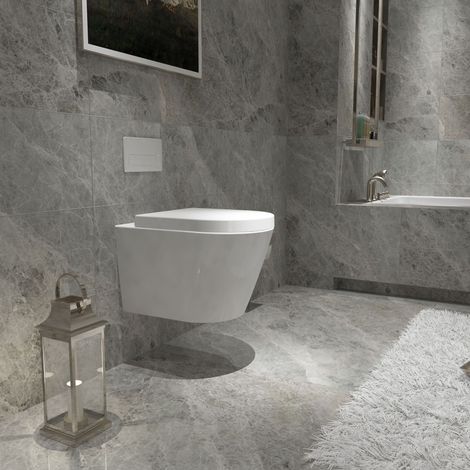 AICA Bathroom Rimless Wall Hung Toilet Soft Close Seat WC White Ceramic P-T