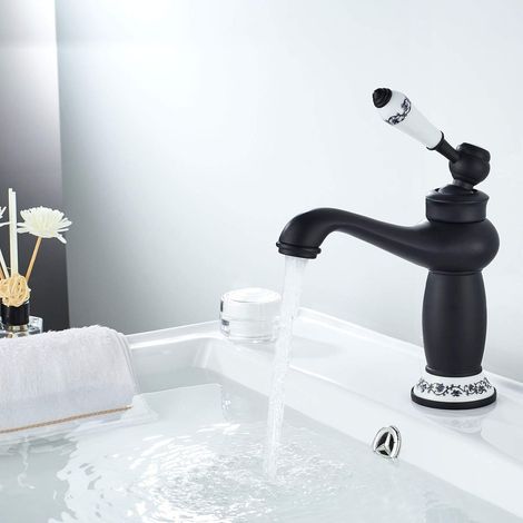 Version noire du robinet vintage – Laiton vieilli, céramique fleurie – Rétro décoratif pour salle de bain