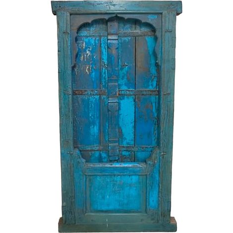 Ventana de madera acabado artesanal azul  81x10x166h cm