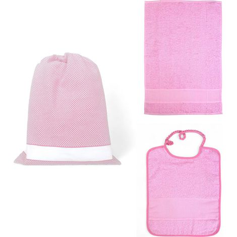 Ensemble de jardin d'enfants nuage en pur coton avec toile AIDA à broder - sac + bavoir + serviette Rose
