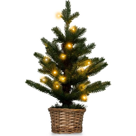COSTWAY Mini Albero di Natale Artificiale Pre-illuminato, Albero di Natale da Tavolo con 96 Rametti, 20 Luci LED Bianche Calde, Timer, Vaso in Legno di Salice, Piccolo Albero di Natale per Festa (1/5)