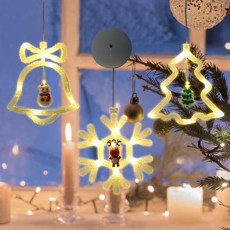 3 Stück dekorative Weihnachtslichter, LED-Weihnachtslichter, Fensterdekoration, LED-Weihnachts-Hängelichter mit Saugnapf, Innenvorhang-Lichtgirlande für Weihnachtsdekoration, Neujahr (1/5)