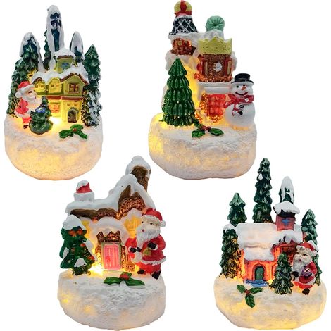 Village De Noel, Decoration Noel Interieur Maison, Noel Decoration Americaine, Maison De Noel Lumineuse, Deco Noel Miniature Scene Led Chalet Lumineux, Christmas Decorations Petite Resin House 4pc Kit (1/5)