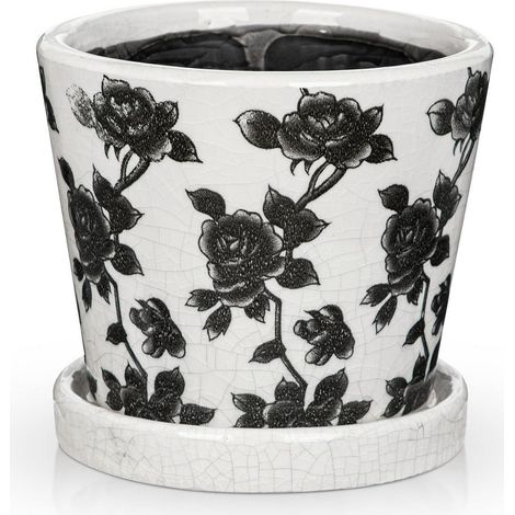 Keramiktopf mit Untersetzer, 14cm, für Sukkulenten & Kakteen, Schwarz-Rosen (1/5)