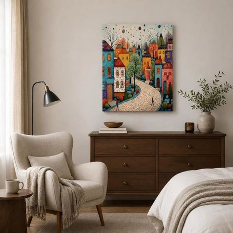 Tableau mural pour salon, 40 x 50 cm, toile avec cadre, maisons colorées et rues urbaines Image de la ville 50L x 40l cm TABLEAU (1/5)