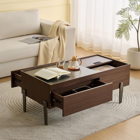 Table Basse Salon 105x50x41.5 cm, Table d'appoint avec tiroirs et Plateau en Verre, Grain de Bois Effet marbre, Pieds en métal et Beaucoup D'espace de Rangement