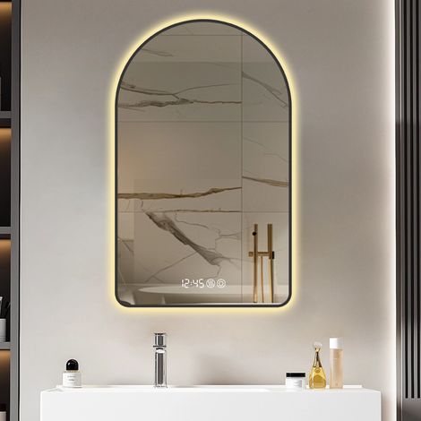Miroir LED de Salle de Bain en Arche 60×120 cm,Affichage Heure et Température, Rétro-éclairage, Anti-buée, Dimmable,Cadre Noir