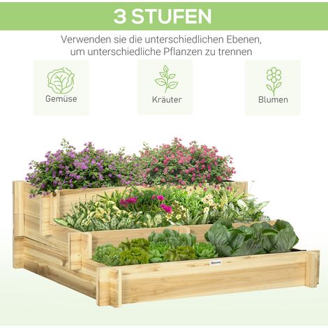 Jardinière surélevée 3 étages avec système de drainage et revêtement textile, bois naturel, 93x93x35 cm (1/4)