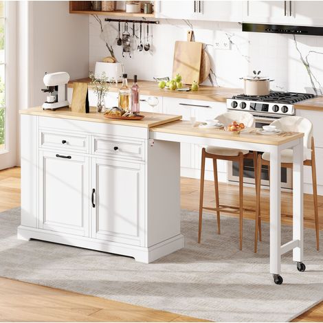 Isola da cucina mobile estensibile con ruote, 112-180 x 45 x 92 cm, bianco e naturale HAVRYA (1/5)