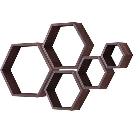 Lot de 5 étagères flottantes hexagonales en Bois à Fixation Murale hexagonale pour Chambre à Coucher, Salon, Bureau, décoration d'intérieur (Noyer Foncé) (1/5)