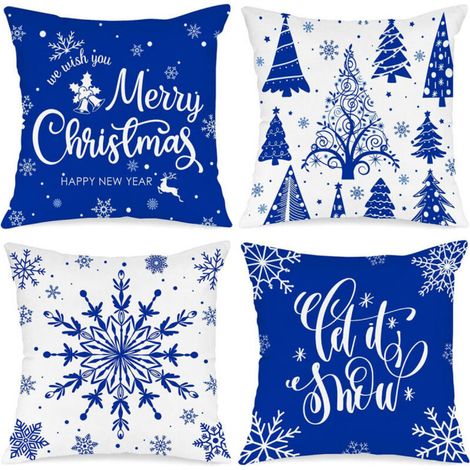 RHG Lot de 4 Housses de Coussin de Noël, Bleu Housse d'oreiller 45 x 45, Taie d'oreiller Décorative Arbre de Noël, Noel Deco en Hiver pour Salon Chambres Canapé, Décoration intérieure (1/5)