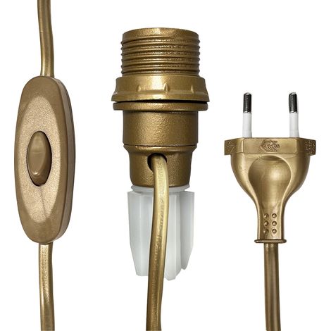 Tibelec – Lampe bouteille dorée E14 avec câble 1.5m – Douille demi-filetée + bague – Interrupteur à main – Fiche 2 pôles