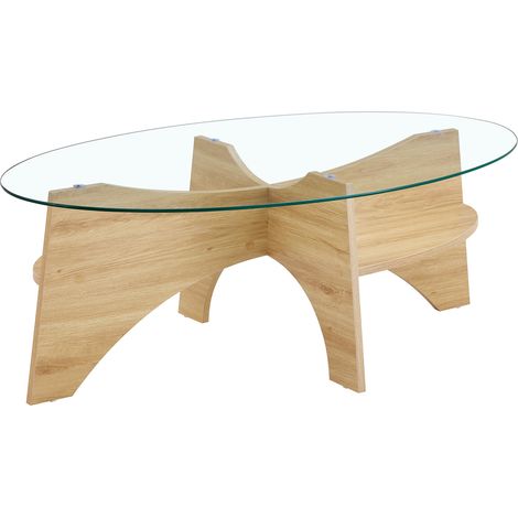 Table basse ovale en verre de sécurité avec étagère inférieure, design nordique minimaliste, bords arrondis et piètement effet bois clair pour salon et séjour – CHICFURN (1/5)