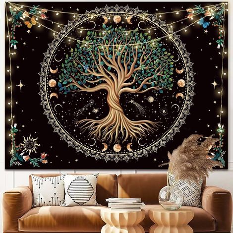 CCYKXA Tapisserie motif phases de la lune, arbre de vie, fleur, plante, papillon, style bohème, mandala, spirituel, tenture murale pour décoration d'intérieur, chambre à coucher, salon, dortoir (150 x