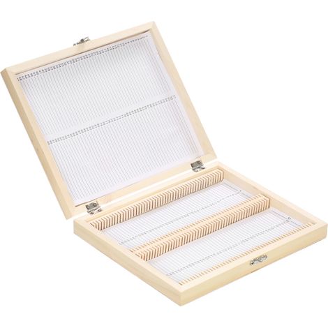 Boîte de rangement en bois pour 100 lames de microscope préparées, compartiments numérotés et feuille de contenu (1/4)
